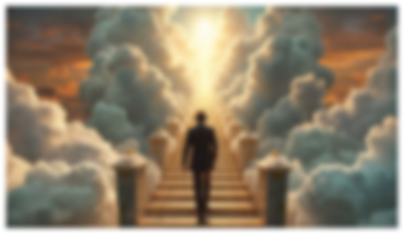 A traveler ascending a staircase through golden clouds